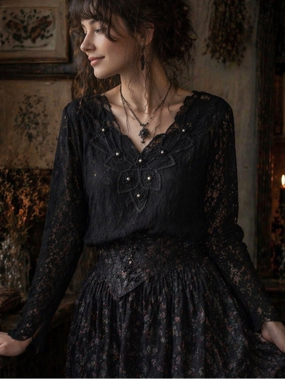 Vintage Black Lace Top Goth Whimsigoth Victorian Romantic Sheer Witchy Boho Vamp